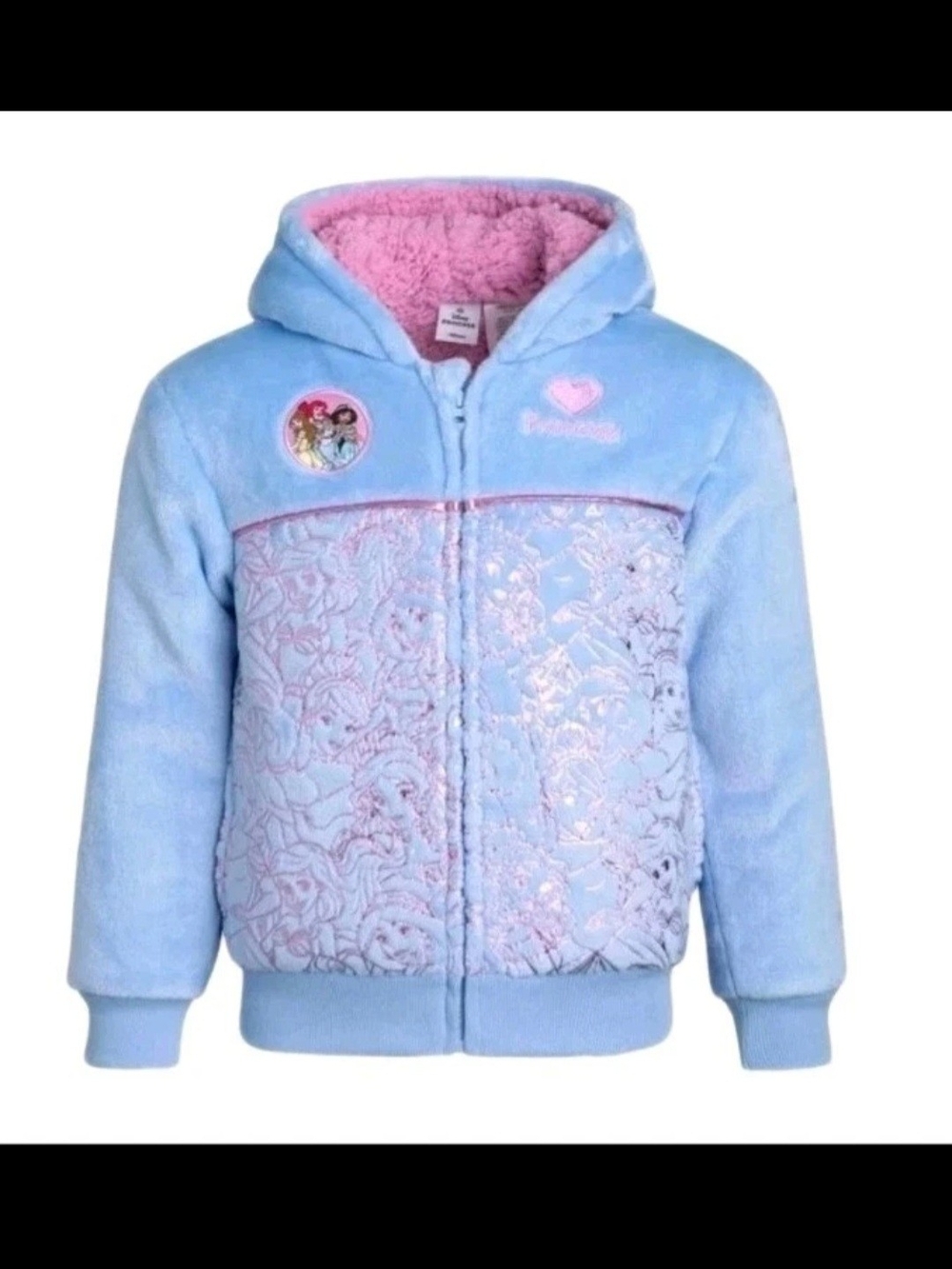 Disney Princess Plush Lined Hoodie Soft Blue Pink Zip Embroidered Hoodie 4T